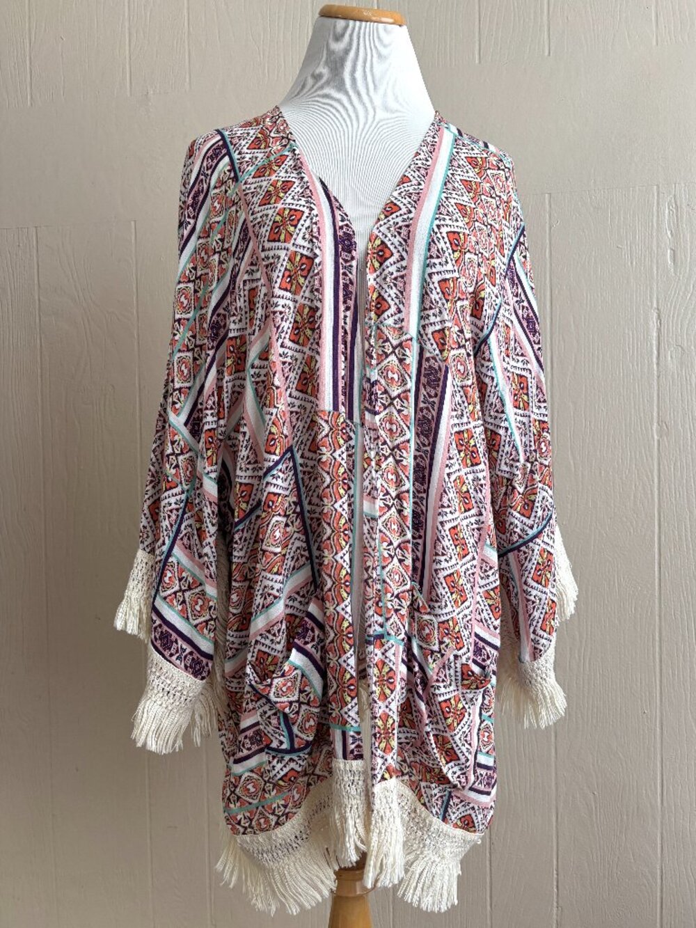 Democracy Boho Printed Beachy Open Front Fringe Trim Kimono Cover Up